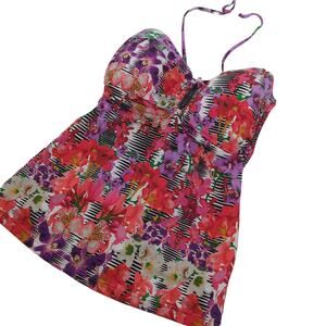 Profile By Gottex Women's Tankini Top Floral Tropical Halter Swimsuit 36D EUC